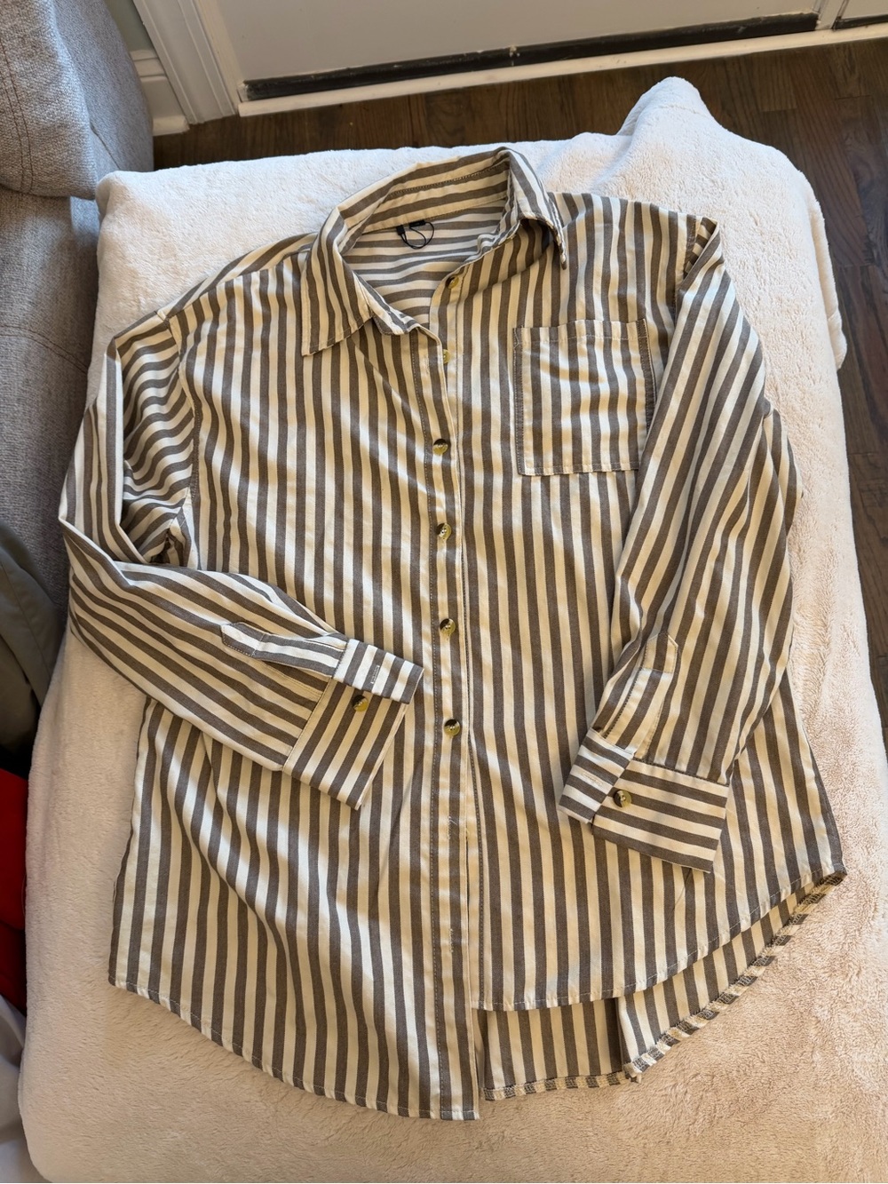 Striped Cotton Button-Up Shirt in Beige and White